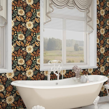 Vintage Boho Wallpaper Peel and Stick,Black Brown/Green Floral Contact Paper 17.5" x 393.7", Retro Flower Botanical Wall Paper Self Adhesive Removable Waterproof for Walls Shelves Cabinet Table Decor