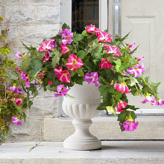 Artificial Morning Glory Fake Flowers for Outdoor Planter Decoration, 2 Pcs Petunias Realistic UV Resistant Faux Silk Flowers for Garden Balcony Porch Indoor Decor (Fuchsia)