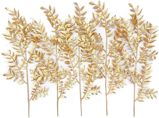 Fake Plants Leaves Christmas Decoration, PASYOU Gold Artificial Shrubs Grass Foliage Plastic Bulk Leaf Indoor Outdoor Home Garden Party Hotel Verandah Wedding Event Faux Decor Ornaments, Golden 5 Pack