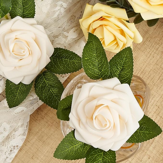 Artificial Flowers, 25pcs Creamy Yellow and Ivory Artificial Rose for DIY Wedding Bouquets Centerpieces Arrangements, Fake Flower with Stems for Party Home Decorations