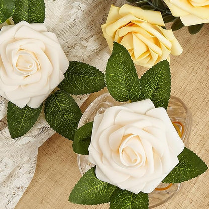 Artificial Flowers, 25pcs Creamy Yellow and Ivory Artificial Rose for DIY Wedding Bouquets Centerpieces Arrangements, Fake Flower with Stems for Party Home Decorations