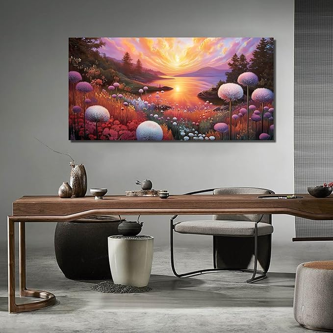 Sunset Panoramic Canvas Wall Art, Purple Floral Meadow & Green Tree Landscape with Gold Accents Picture for Living Room Bedroom Wall Decor, Print Painting Artwork Decoration, Large Size 58x29 Inches