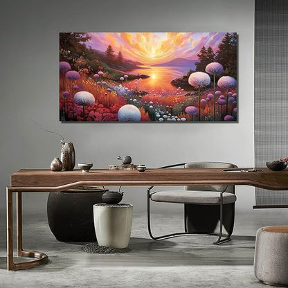 Sunset Panoramic Canvas Wall Art, Purple Floral Meadow & Green Tree Landscape with Gold Accents Picture for Living Room Bedroom Wall Decor, Print Painting Artwork Decoration, Large Size 58x29 Inches