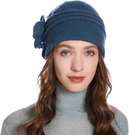 ZLYC Women Wool Cloche Bucket Hat 1920s Vintage Dress Winter Hats with Flower Accent