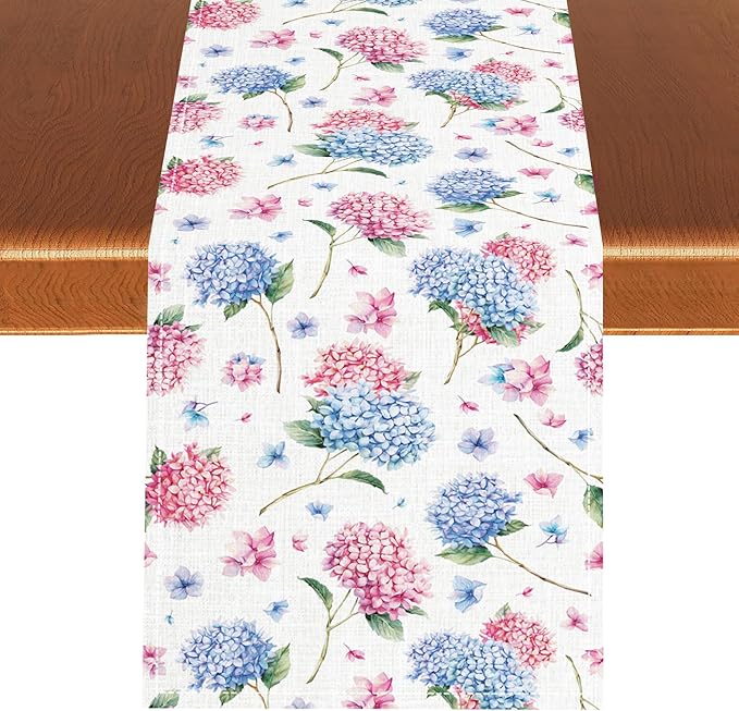 Hydrangea Table Runner, Spring Summer Watercolor Blue Floral Seasonal Country Farmhouse Coffee Coffee Table Center Decor for Home Kitchen Dining Patio Holiday Party Table Decorations 13x72 inches