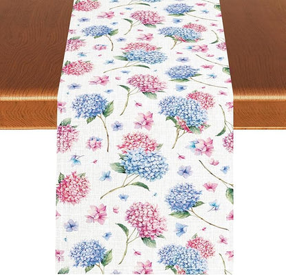Hydrangea Table Runner, Spring Summer Watercolor Blue Floral Seasonal Country Farmhouse Coffee Coffee Table Center Decor for Home Kitchen Dining Patio Holiday Party Table Decorations 13x72 inches