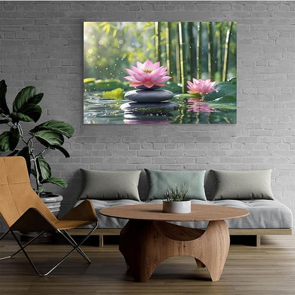 Ethereal pink lotus on obsidian Sunlit bamboo forest with sparkling water drops Poetic nature inspired wall art for tranquil homes and mindful spaces 20x30in Wood Framed