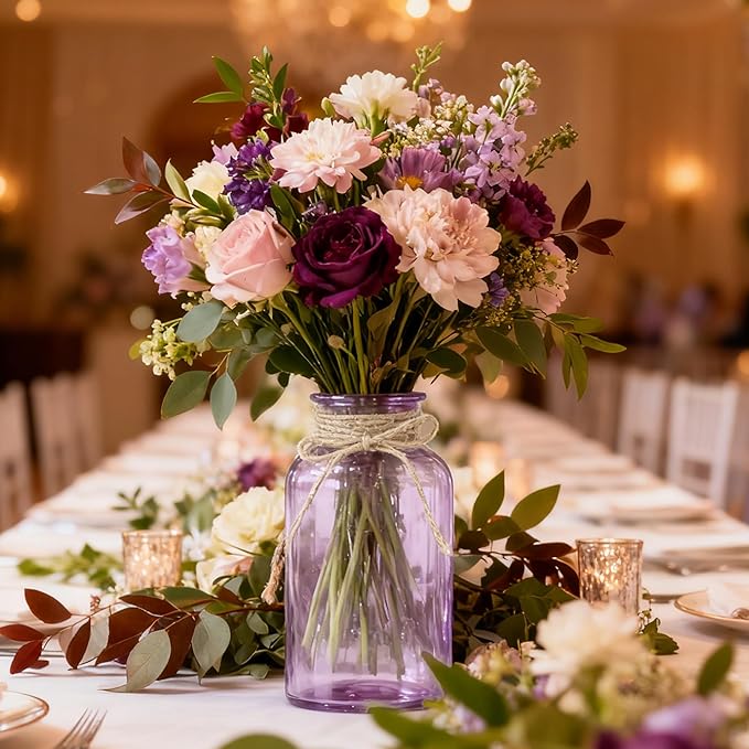 Vintage Glass Flower Vase，6 Pack Farmhouse Purple Glass Centerpiece Vases Mason Jars for Weddings, Parties & Home Decor Bulk (6, Purple)