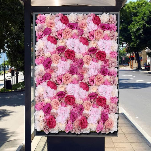 6 Pcs Flower Wall Panels, 23.6"x15.7" Artificial Flower Wall Backdrop Fuchsia Floral Panel with 3D Rose, Dahlia, Peony, Chrysanthemum for Wedding Party Nursery Home Decor