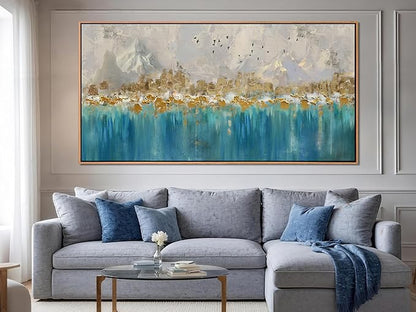 Arjun Framed Abstract Wall Art for Living Room Gold Blue Textured Extra Large Canvas Art Wall Decor Bedroom Painting, Modern Picture Grey Mountain Artwork Home Office Wall Decoration, 58"x29"