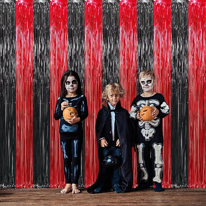 GOER 3.2 ft x8.2 ft Metallic Tinsel Foil Fringe Curtains Party Photo Backdrop Party Streamers for Birthday,Graduation,New Year Eve Decorations Wedding Decor (4 Pcs,Black&Red)