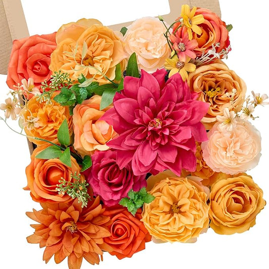 Serwalin Artificial Fall Flowers, Orange & Magenta Silk Fake Flowers, Autumn Faux Flowers for Wedding Bouquet, Table Centerpieces, Home Decor