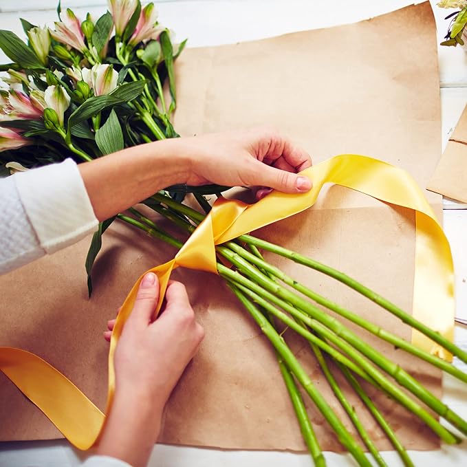 LIUYAXI Yellow Stain Ribbon, 1/2" X Continuous 50 Yards, Double Faced Fabric Ribbon Perfect for Gift Wrapping Wedding Christmas Birthday Floral Arrangement Craft