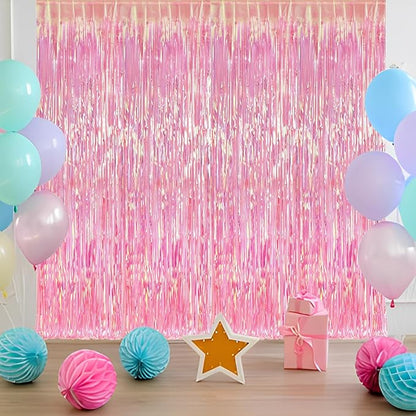 BRAVESHINE Clear Pink Streamers Party Decorations Iridescent Foil Fringe Backdrop - 2 Pack 3.2 x 6.5 ft Holographic Tinsel Curtain Party Photo Backdrop for Valentine’s Girl Birthdays Engagement Decor