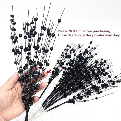 CATTREE Artificial Glitter Berry Stem Decorative, Fake Glitter Sticks Bead Pick Stems for Halloween Christmas Glittery Twigs Xmas Tree Wreath Crafts Vase Filler Home DIY Decor - 17 Inch Black 10 Pack