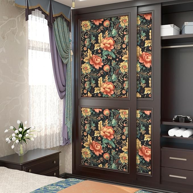 Vintage Floral Peel and Stick Wallpaper Vibrant Flower Contact Paper Boho Wallpaper for Bedroom Bathroom Shelf Liner Removable Black 17.5 x 78.5In