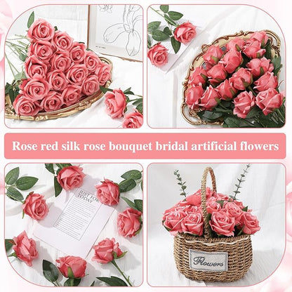 80 Pcs Roses Artificial Flowers, Silk Rose Red Artificial Flowers Petals Long Stem Roses for Wedding Bouquet Home Party Decor