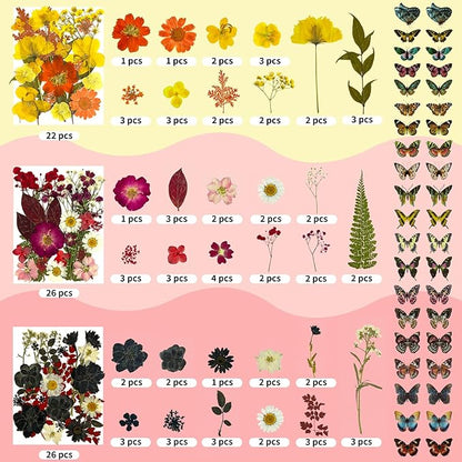 303Pcs Dried Pressed Flowers for Crafts, Dried Pressed Flowers for Resin, Natural Dried Flowers Kit with 80pcs Butterfly Stickers for DIY Resin Molds, Candles, Photo Frames, Jewelry Making, Art Crafts