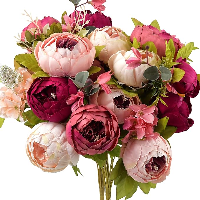 FiveSeasonStuff Pinkish Red and Dusty Pink Vintage Artificial Peonies Silk Flowers and Hydrangeas for Wedding Bridal Home Decor – Beautiful Floral Centerpiece Bouquet (Passion Blush)