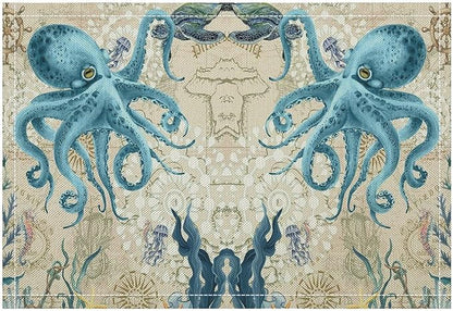 Nautical Placemats Beach Ocean Starfish Seashell Octopus Art Printed Dining Table Mats Set of 4 for Restaurant Home Kitchen Holiday Picnic Party Decor 12x18in