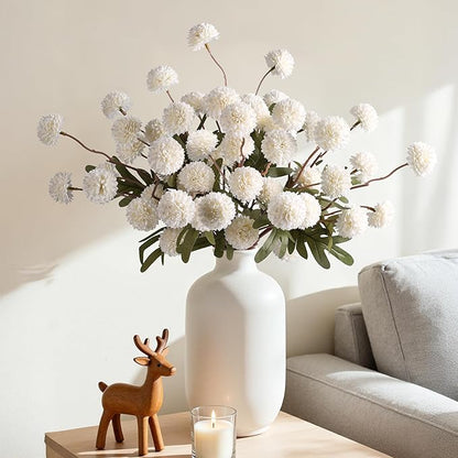 HyeFlora Fake Kiku Flowers,Faux Silk Pompon Mums 40heads Artificial Flowers,Chrysanthemum Stems Floral Arrangement Dried Flowers Vintage Decorative Indoor Home Vase Decor White