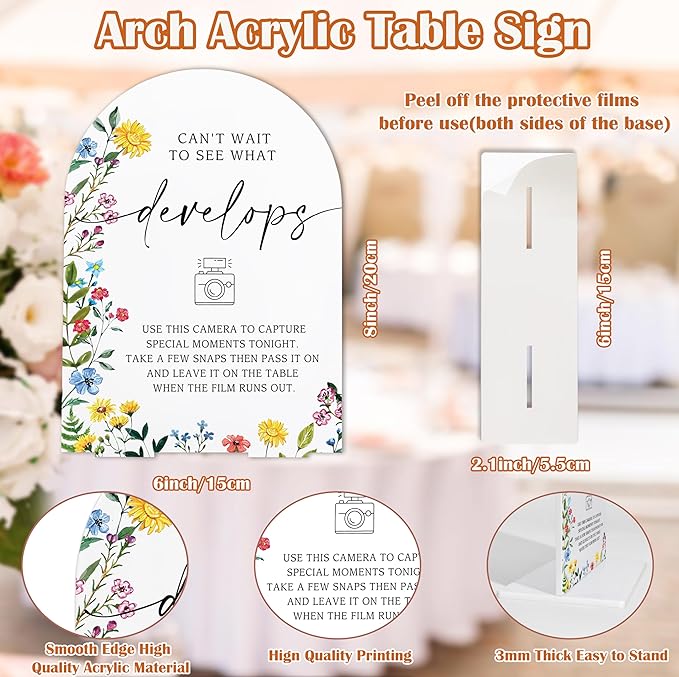 Acrylic Wedding Signs Can't Wait To See What Develops, Photo Guest Book Sign, 6x8" Floral Themed Arch Acrylic Table Decor, Love Is In Bloom Decorations for Bridal Shower Engagement Party
