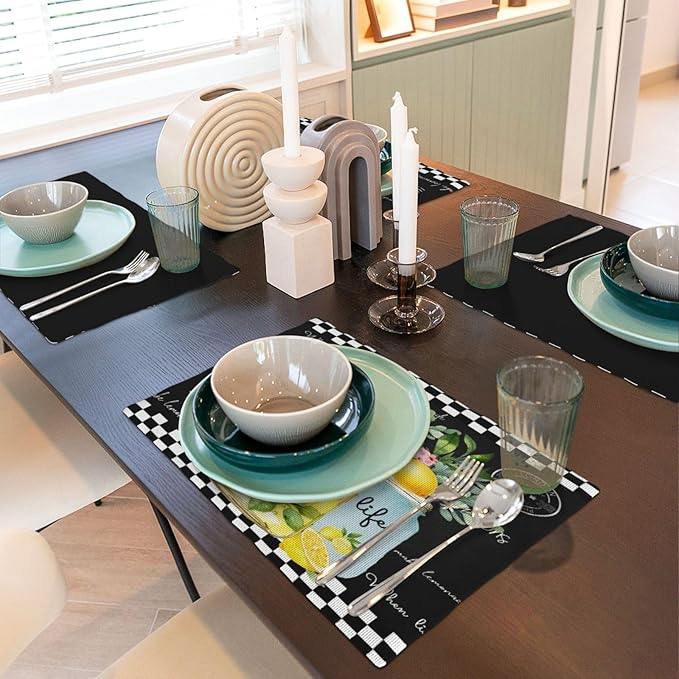 Lemon Fruit Placemats, Watercolour Lattice Black Minimalist Fruit Lemon Flower Plant Print Washable Fabric Placemats Table Kitchen Dining Party 12x18 Inch Set of 4