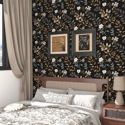 Black Floral Wallpaper Peel and Stick Vintage Leaf Contact Paper Waterproof Self Adhesive Removable Modern Boho Wall Paper for Bedroom Cabinets Kitchen Locker Drawer 17.5"X118"