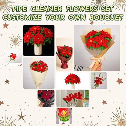 500Pcs Special Poinsettia Pipe Cleaners Craft Kit, All-in-One DIY Christmas Flower Making Supplies with Chenille Stems, Floral Wire, Floral Tape, Stamen, Ribbon for Holiday Decorations