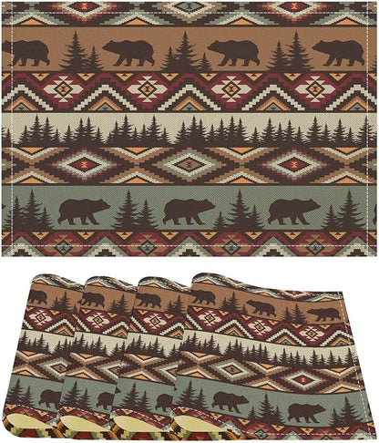 Rustic Bear Placemats Aztec Cabin Wild Animal Hunting Camping Art Printed Dining Table Mats Set of 4 for Home Kitchen Holiday Picnic Party Decor 12x18in