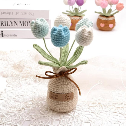 Crocheted Tulips, Hand-Woven Potted Plants, Permanent Tulips, Used for Creative DIY Table Decoration, Birthday Gift ，Graduation Ceremony, Christmas and Thanksgiving (5 Flowers-Blue)