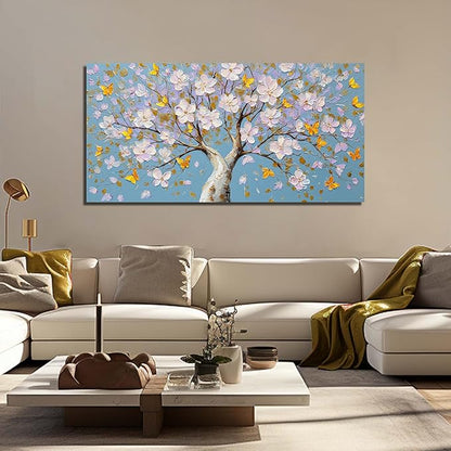Purple Blossom Tree with Butterflies Canvas Wall Art with Gold Accents, Blue Background Abstract Picture for Living Room Bedroom Wall Decor Printed Painting Artwork Decoration Large Size 58x29 Inches