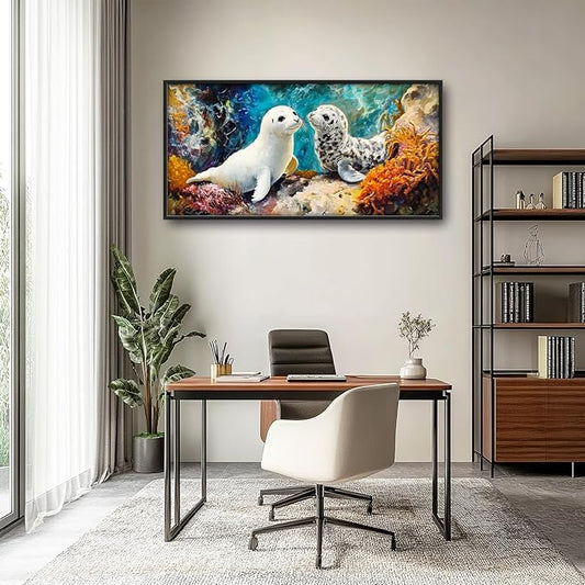Extra Large Seal Framed Wall Art for Living Room,Oversized Underwater Animal Pictures Wall Decor,Ocean Coral Reef Canvas Print Painting Modern Artwork Bedroom Office Bathroom 60L x 30W
