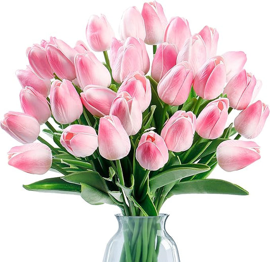 Sggvecsy 30 Pcs Fake Tulips Artificial Flowers Real Touch PU Faux Flowers Tulip Stems for Wedding Spring Bouquet Floral Arrangement Home Party Office Decorations for Mother's Day (Light Pink)