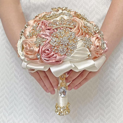 Handmade Satin Rose Floral Bling Pearl Decor Bridal Wedding Bouquet Rhinestone Pendant Artificial Brooch Flowers for Bride Bridesmaid Quinceanera