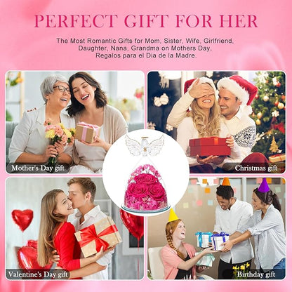 Preserved Flower Rose Gifts for Women, Forever Eternal Fresh Flowers in Glass Angel Figurines Flowers for Delivery Prime for Grandma Mom from Daughter Sister Her Wife on Mothers Day Birthday Christmas