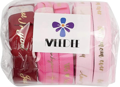 MEEDEE Pink Ribbon for Gift Wrapping Thank You Just for You Ribbon Mothers Day Gift Box Double Face Satin Assortment Thin Pink Satin Fabric, 5 Rolls 10 Yards Each Total 50 Yards