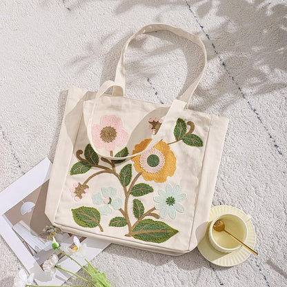 Aesthetic Embroidery Tote Bag for Lady Cute Reusable Canvas Shoulder Bag for Girls Women Shopping Grocery