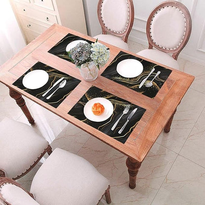 Black Gold Marble Texture Placemats Set of 4, Black Table Mats, Heat Resistant Washable Linen Place Mats for Kitchen Dining Table Farmhouse 12"x18", Black Gold Kitchen Decor