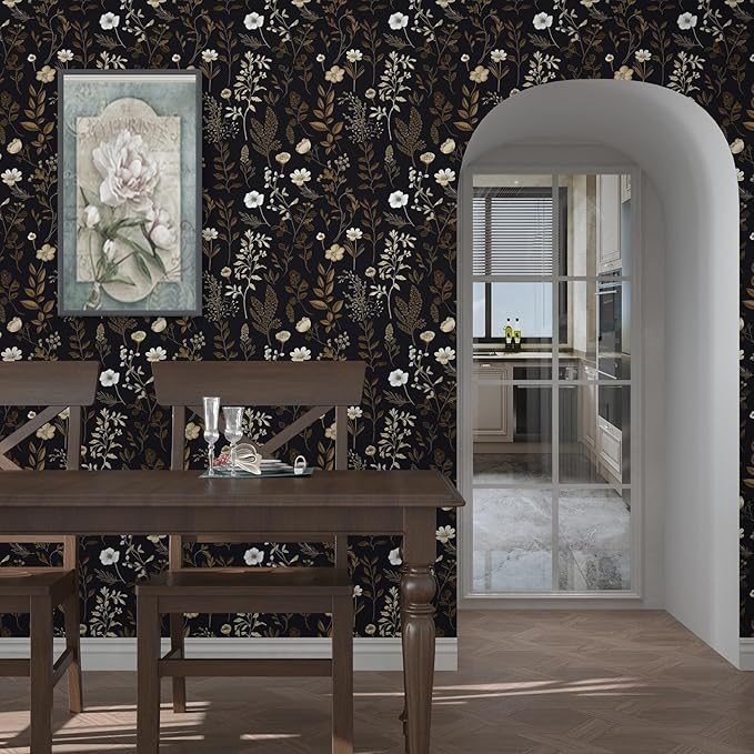 Extra Long Moody Floral Wallpaper Peel and Stick, 17.5In x 393In Black Dark Gold Botanical Removable Contact Paper for Bedroom Bathroom Kitchen Cubicle, Boho Flower Wall Paper Brown Taupe