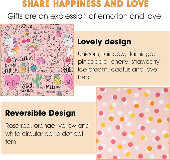 Afucus Reversible Pink Unicorn Wrapping Paper, Flamingo, Rainbow and Polka Dot Themed Gift Wrapping Paper, Cute Mini Rolls for Birthday, Baby Shower, Boys, Girls, Kids, Christmas (17 Inch X 33 Feet)