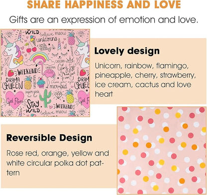 Afucus Reversible Pink Unicorn Wrapping Paper, Flamingo, Rainbow and Polka Dot Themed Gift Wrapping Paper, Cute Mini Rolls for Birthday, Baby Shower, Boys, Girls, Kids, Christmas (17 Inch X 33 Feet)
