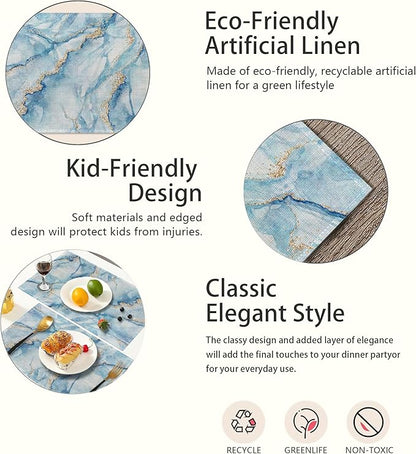 Marble Placemats Set of 6,Blue Gold Elegant Marbling Place Mats Heat Resistant Washable Non-Slip Table Mats for Party Kitchen Dining Decor 12x18 Inch