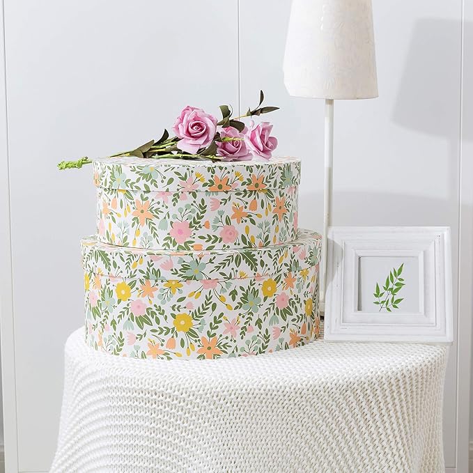 Soul & Lane Spring Fling Oval Decorative Keepsake Boxes with Lids - Set of 2: Floral Pattern Cardboard Containers, Stackable Retro Mache Paperboard Boxes, Nesting Gift Cartons, Shelves Storage