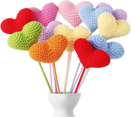 YoungJoy 12 Pcs Crochet Rose Handmade Knitted Flowers Tulip Sunflower Daisy Heart Artificial Knitted Floral Mother Day Graduation Home Decor(Colorful Heart)