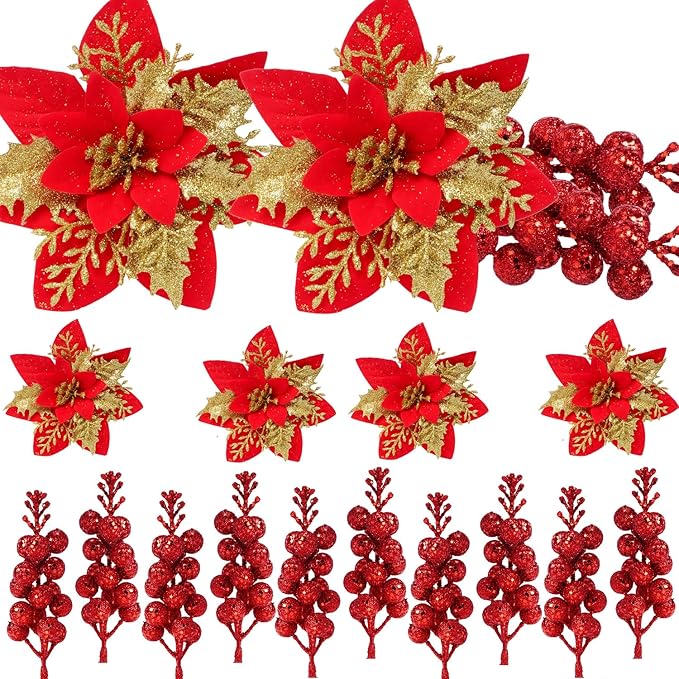 50pcs Glitter Poinsettia Christmas Ornaments, Artificial Flowers with Clips Stems for DIY Wreath Making, Holiday Home Party Decorations, Indoor Use (Red)