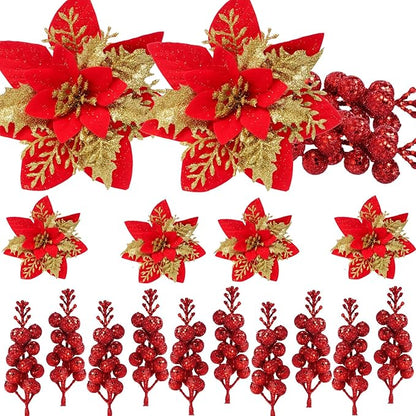 50pcs Glitter Poinsettia Christmas Ornaments, Artificial Flowers with Clips Stems for DIY Wreath Making, Holiday Home Party Decorations, Indoor Use (Red)