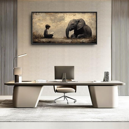 Elephant Large Wall Art Boy Reading Pictures Wall Decor Animal Canvas Elephant Print Painting Modern Artwork Home Decoration for Living Room Bathroom Bedroom Office Framed 60"x30"