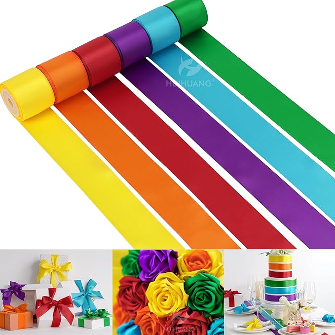 HUIHUANG Rainbow Ribbon 1-1/2 inch Colored Double-Faced Satin Ribbon for Gift Wrapping, Bows Making, Hairs, Flower Bouquets, Crafts, Pride Day, Birthday Party Decor- 6 Rolls, Total 30 Yards