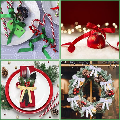 DECYOOL 4 Rolls 100 Yards Christmas Satin Ribbons 15mm Wide Holiday Craft Ribbons for Gift Wrapping and Xmas Decoration, Red & Green & Gold & White